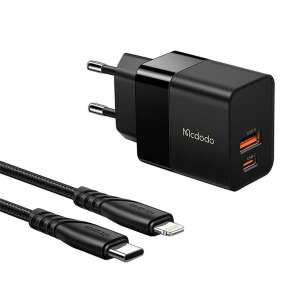 Mcdodo CH-1952 20W USB-C + USB-A fali töltő USB-C - Lightning kábellel, fekete - Mcdodo