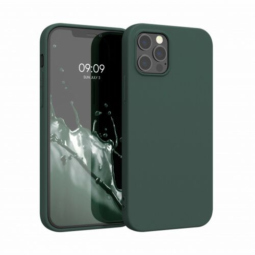 kwmobile iPhone 12 Pro Max dark green silicone case on iPhone, angled view