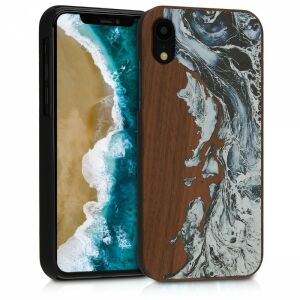 KWmobile brązowe drewniane etui na iPhone XR z marmurowym wzorem - Nonbrand Kontakty telefoniczne