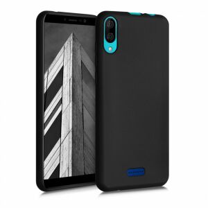 Angled view of kwmobile Black Silicone Case on Wiko Y80 phone - Phone Case