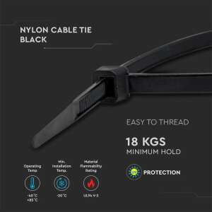 V-TAC fekete kábelkötöző, 3.5x200mm, UV védett, könnyen fűzhető, 18 kg minimális tartóerő - V-TAC