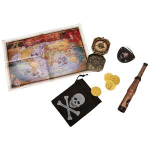 Pirate treasure set for kids, includes a compass, telescope, map, pirate bag with 2 coins, and an eye patch - KidMania Costume for Kid