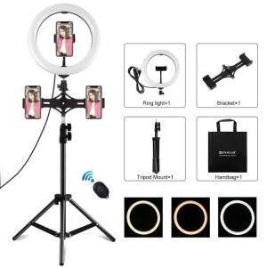 Puluz LED ring light kit with tripod stand, 3x smartphone holder, remote control, and carrying bag - LED Ring Light & Ring Lamp