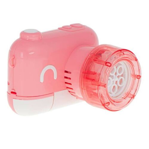 Angled view of pink camera bubble blower