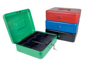 Green Donau cash box with coin tray, open, showing interior compartments, with key - Cash Box