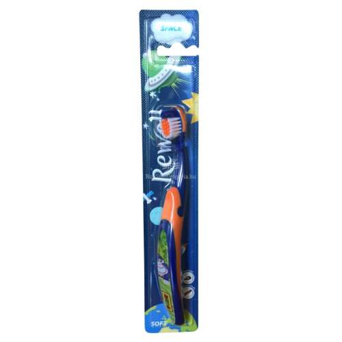 Rewell Space kids toothbrush, soft bristles, blue and orange handle, packaged