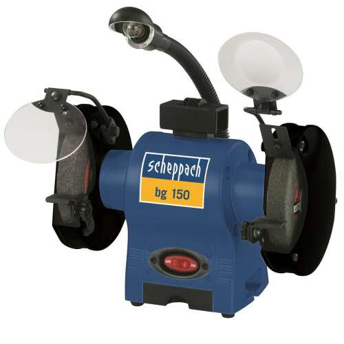 Scheppach BG 150 Schleifmaschine mit zwei Schleifscheiben, einer Lampe und Schutzabdeckungen