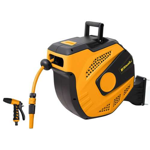 Riwall PRO RWHR 27 SET automatyczny zwijacz węża z wężem 27 m, czarny i żółty, zwijacz węża ogrodowego, zwijacz węża chowany, zwijacz węża do montażu na ścianie, zwijacz węża z dyszą rozpylającą