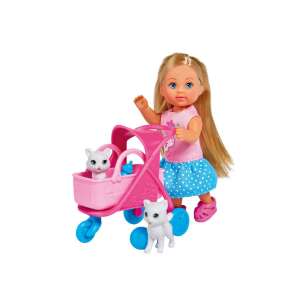 Evi Love Puppe mit Katzenwagen und zwei Kätzchen, rosa Kinderwagen, blaue Schuhe, weiße Kätzchen, blauer Ball - Simba Toys Baba