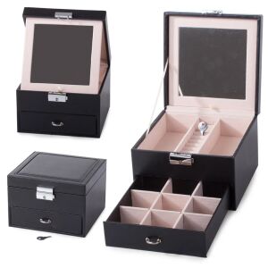 Elegáns Ékszerdoboz collage, black faux leather jewelry organizer with mirror and drawer - Jewelry Box