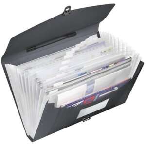 Esselte Vivida 12-pocket A4 accordion folder, black, with handle, open, showing pockets - Accordion folder