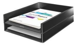 Tavă de documente LEITZ Duo din plastic negru, format A4, pentru organizarea documentelor, hârtiilor și dosarelor - Leitz