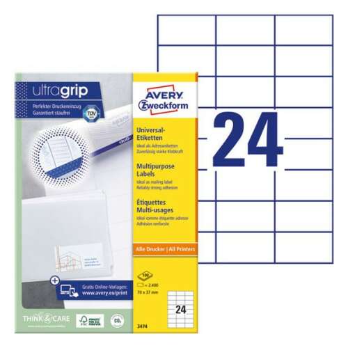 Avery Zweckform 3474 universal label, 70x37mm, 24 labels per sheet, 100 sheets per box