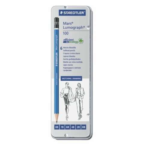 Staedtler Mars Lumograph 6 verschiedene Dicken Graphit 8B, 7B, 6B, 4B, 2B, HB 6pcs metallisch schwarz normal sechseckig für Umwelt.