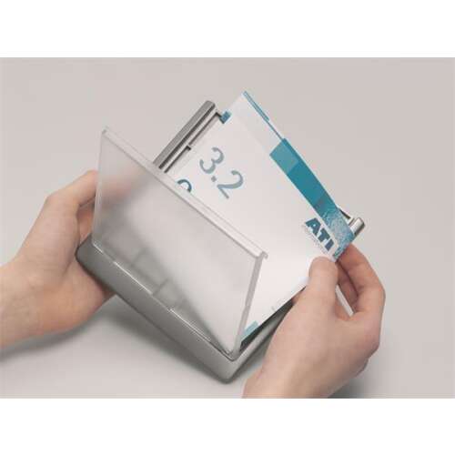 DURABLE Click Sign information board, gray, with replaceable insert, showing how to change the insert