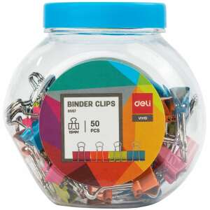 Deli Vivid 15 mm Binderklammern, 50 Stück, gemischte Farben, Metall-Binderklammern in einem Kunststoffbehälter - Deli Tools