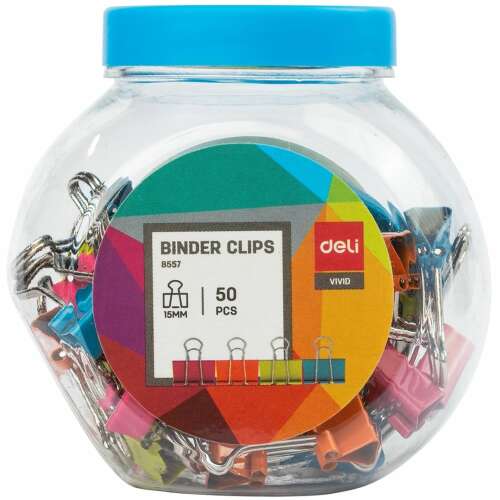 Deli Vivid 15 mm Binderklammern, 50 Stück, gemischte Farben, Metall-Binderklammern in einem Kunststoffbehälter