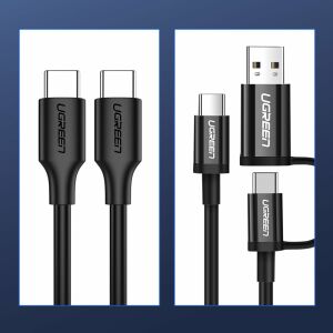 Kabel UGREEN USB-C - kolaż, pokazujący połączenia USB-C do USB-C i USB-C do USB-A - Ugreen
