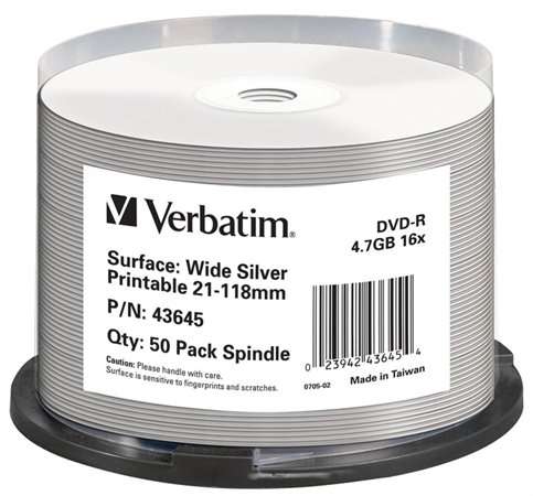 VERBATIM DVD-R disk, potlačiteľný strieborný povrch, bez identifikátora, 4,7 GB, 16x, 50 ks, na rolke, VERBATIM 31566271