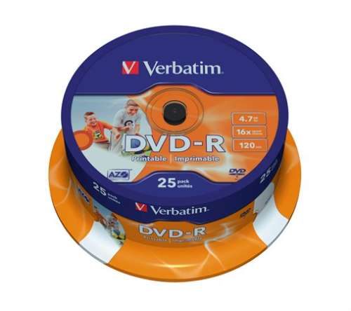 VERBATIM DVD-R Disc, bedruckbar, matt, ID, 4,7GB, 16x, 25 Stück, auf Rolle, VERBATIM