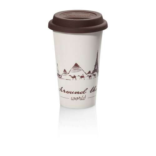 Delonghi Around the World thermal mug, 300ml, white ceramic with brown lid