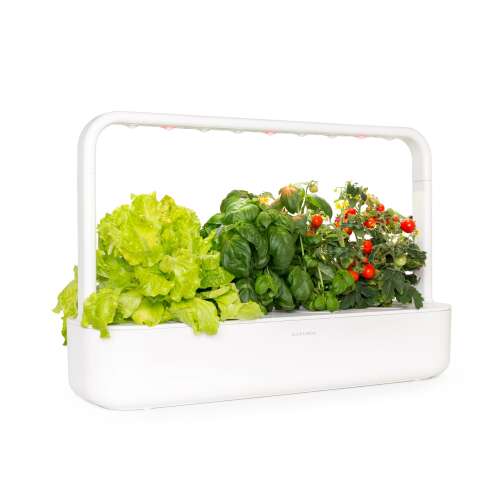 Click & Grow Smart Garden 9 Pro white with lettuce, basil, and tomato plants