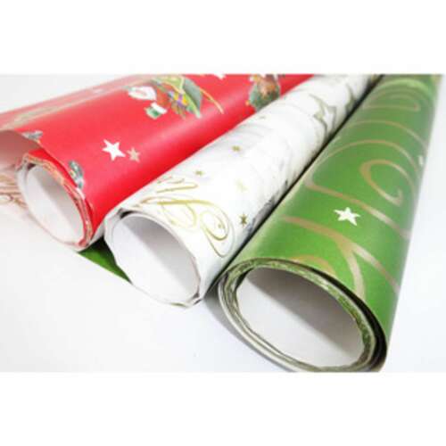 Karácsonyi csomagolópapír tekercsek, piros, fehér és zöld, arany díszítéssel