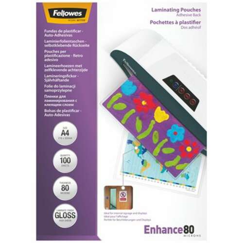 Fellowes Enhance80 80 mikron öntapadó lamináló fóliák, A4 méret, 100 db-os csomag