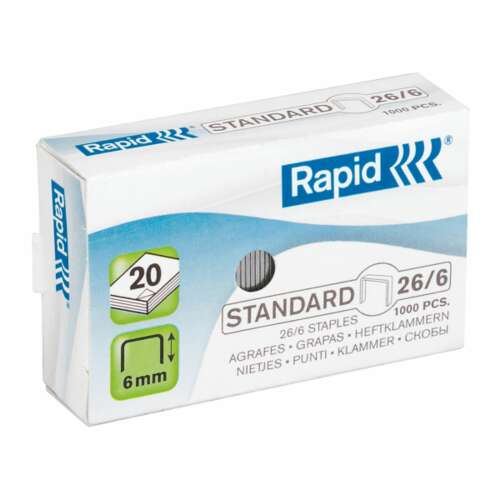 Rapid 26/6 tűzőkapocs, 1000 db, standard méret, 20 lapig tűzhető