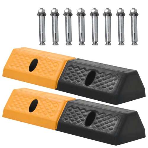 Set of 2 black and yellow rubber parking stops with 8 mounting screws