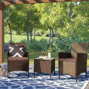 Set de mobilier de grădină Timeless Tools Polyrattan, set de 3 piese pentru terasă cu 2 scaune și o masă, mobilier din răchită maro cu perne - Seturi mobila gradina