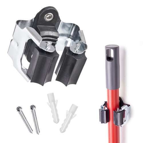 Wandhalterung für Mopp, Besen, Werkzeug, Organizer, Aufbewahrung, Metall, Schwarz, Grau, Silber, Schrauben, Wandmontage, 5kg Tragfähigkeit