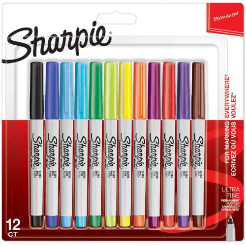 Sharpie Ultra Fine állandó filctollak, 12 darabos készlet, vegyes színek, 0,5 mm hegyű