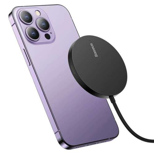 Baseus Simple Mini 3 magnetic wireless charger, black, charging a purple iPhone