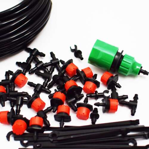 15 méteres csepegtető öntözőrendszer kert, pázsit és veteményes öntözéséhez 15 csepegtetővel, 15 rögzítővel, 1 csapvég, 15 T-alakú csatlakozóval és 2 egyenes csatlakozóval