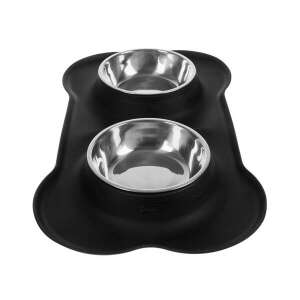 PurLov Doppel-Edelstahl-Futternapf mit knochenförmiger Silikonmatte, schwarz und silber - Viehzucht