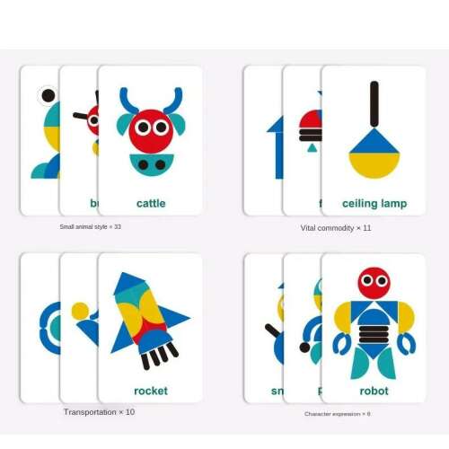 Fa alakzat kirakós játék gyerekeknek, színes formákkal és állatokat és tárgyakat ábrázoló kártyákkal