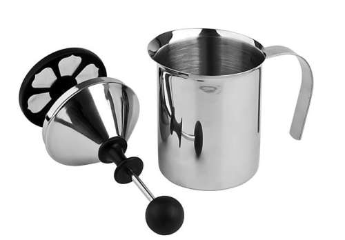 Stainless steel milk frother with black handle, 40cl capacity