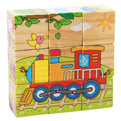Fa kocka puzzle gyerekeknek, 6 az 1-ben, különféle járművekkel, mint vonat, kotrógép, autó, repülőgép, hajó és mentőautó