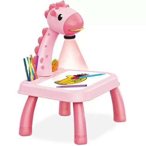Rózsaszín projektoros rajzasztal gyerekeknek, zsiráf mintával, tartalmaz markereket, rajzfüzetet és projektor korongokat