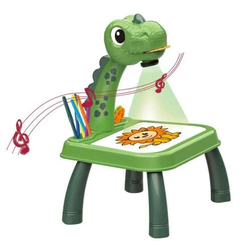 Zöld dinoszaurusz projektoros rajzasztal gyerekeknek, fény és zene funkcióval, kiváló a kreativitás és a művészi készségek fejlesztéséhez