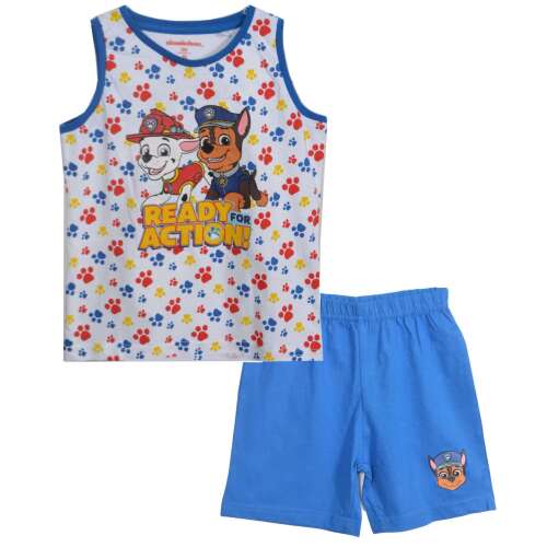 Pijamale de vară Nickelodeon Paw Patrol pentru băieți, pantaloni scurți bleumarin și tricou alb fără mâneci cu amprente de labe și personaje, gata de acțiune