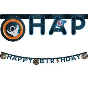 Space Happy Birthday Banner, 2m long, astronaut, planets, stars, black background - Party Decoration