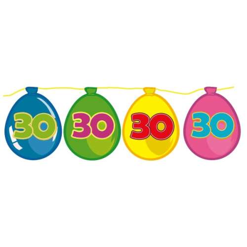 30. születésnapi lufi füzér, 6 méter hosszú, színes lufik 30-as számmal - Party dekoráció