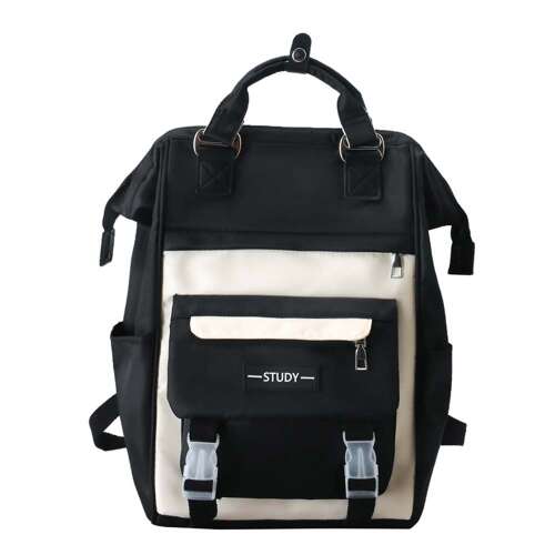 Czarno-biały plecak Dollcini z logo STUDY, stylowy i praktyczny do codziennego użytku