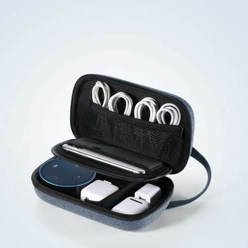 Ugreen travel case for electronics, open view with cables, phone, and power bank
