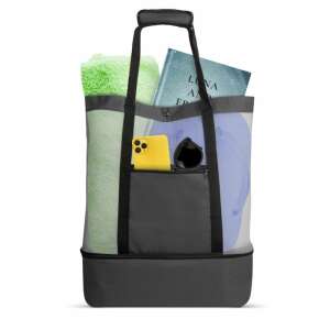 Black beach bag with insulated cooler compartment, mesh top, and side pocket - Dressing Accessory