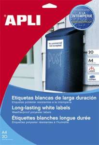 APLI időjárásálló fehér poliészter címkék, 20 lap, A4 méret, 960 címke/csomag - Irodai papíráru