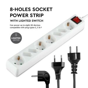 V-TAC 8-as elosztó világító kapcsolóval és dugó példákkal - V-TAC