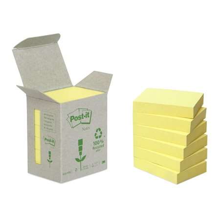 3M Post-it Notes, 38x51mm, 6x100 sheets, yellow, recycled paper, environmentally friendly